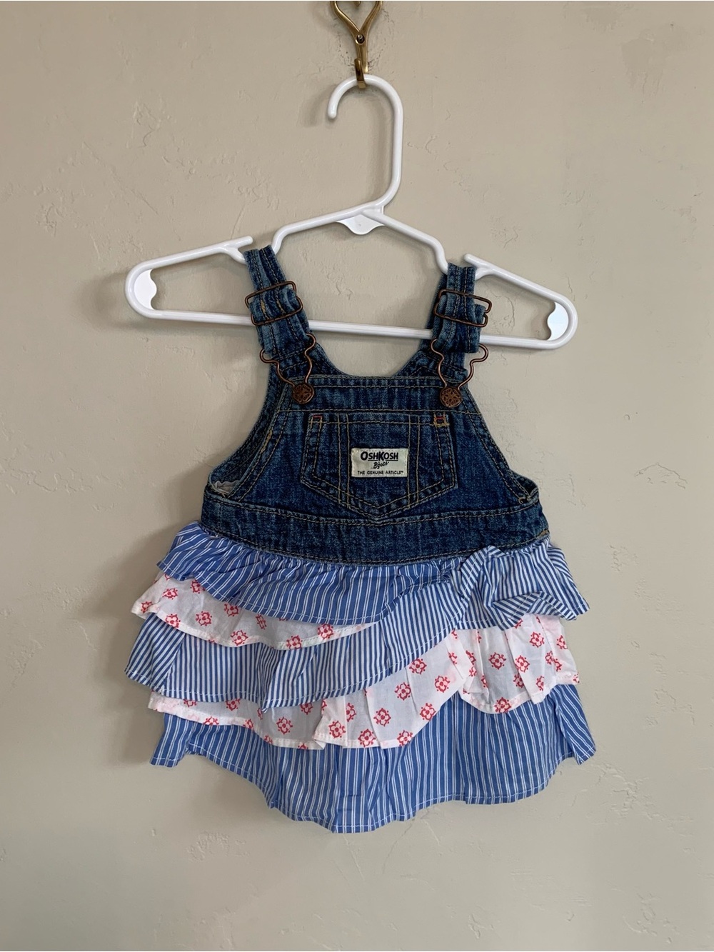 OshKosh B'gosh Girls Vestbak Overall Red White Blue Jumper Ruffle Dress 6 months